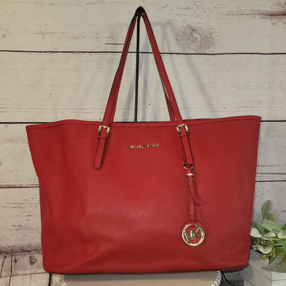 Michael Kors Red Leather Tote with Gold Accents and MK Charm